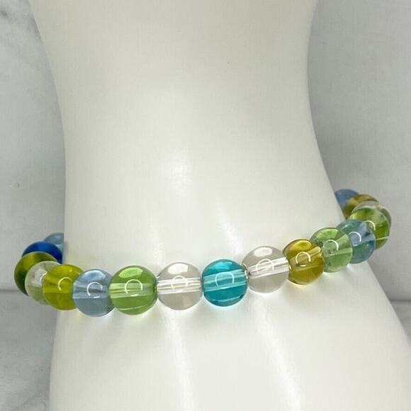 Blue Green and Clear Beaded Stretch Bracelet - Picture 1 of 6